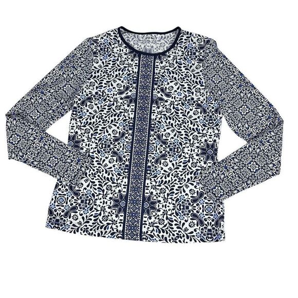 Lands' End Long Sleeve Swim Rash Guard Deep Sea Mixed Medallion size Small
